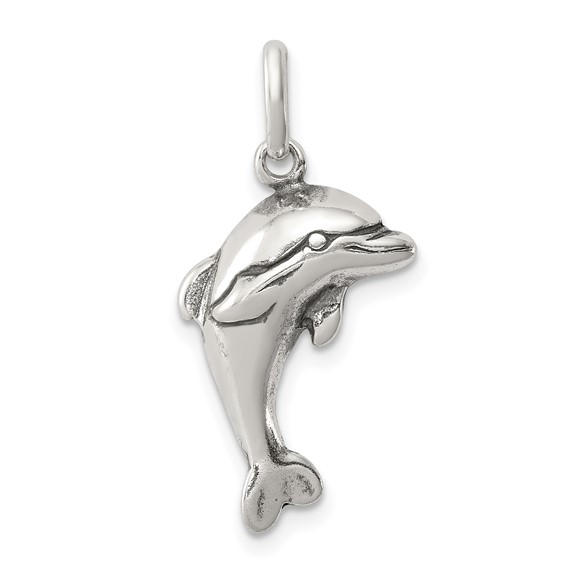 Sterling Silver 3/4in Open Back Antiqued Dolphin Pendant