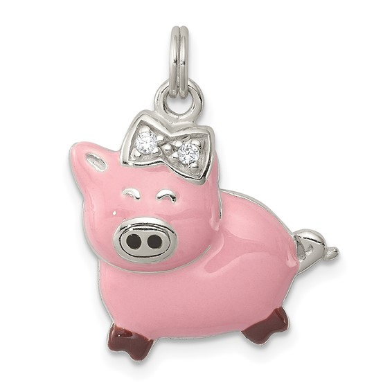 Sterling Silver CZ Pink Enameled Pig Charm