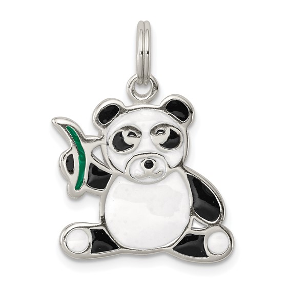Sterling Silver Enameled Panda Bear and Bamboo Charm
