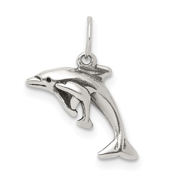 Sterling Silver Antiqued Dolphin with Baby Charm
