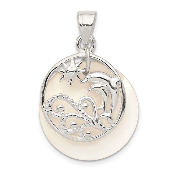 Sterling Silver 5/8in Dolphin and Waves Mother of Pearl Pendant