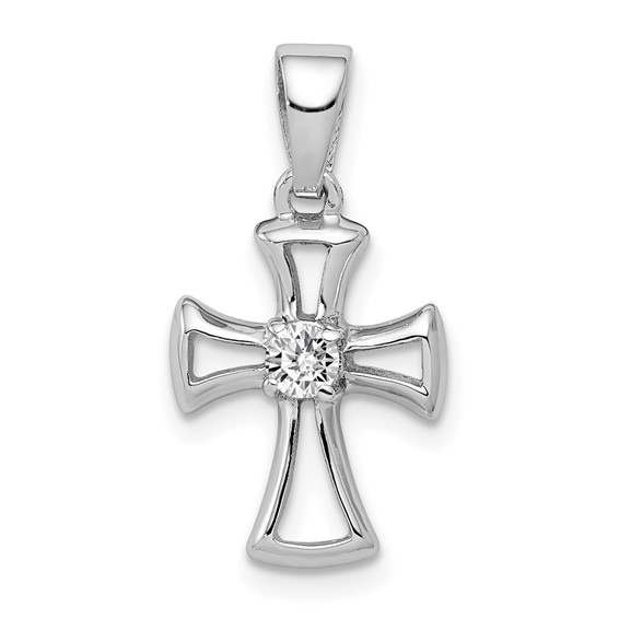 Rhodium Plated Sterling Silver 5/8in CZ Open Cross Pendant