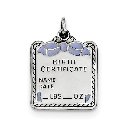 Blue Birth Certificate Charm Sterling Silver 