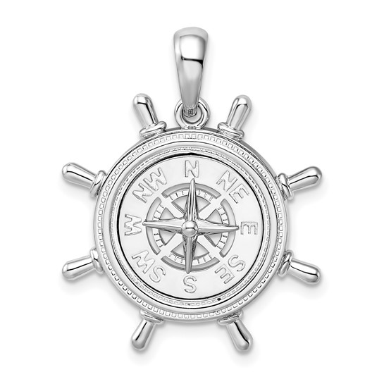 Sterling Silver Ships Wheel with Compass Pendant 7/8in