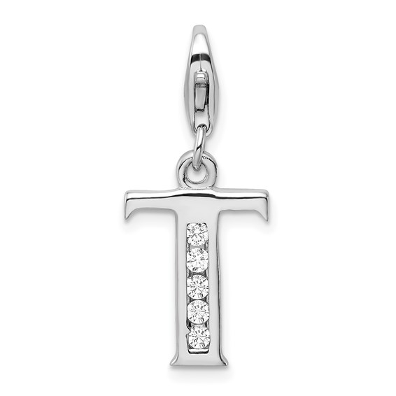 Sterling Silver CZ Letter T with Lobster Clasp Charm