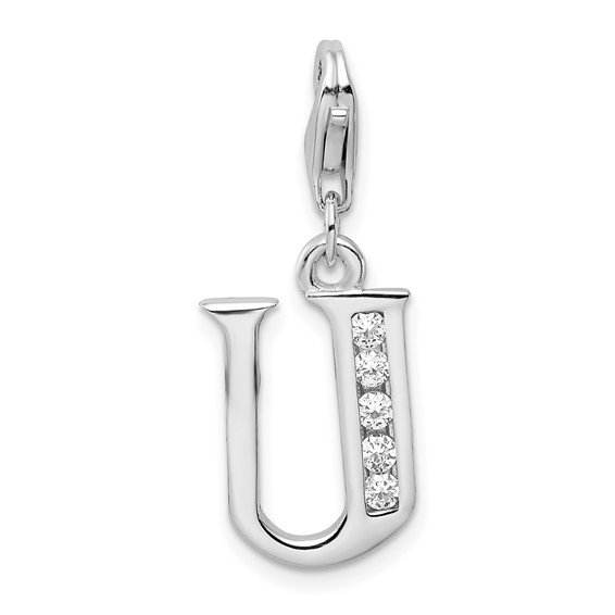 Sterling Silver CZ Letter U with Lobster Clasp Charm