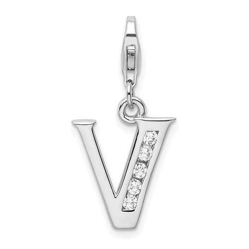 Sterling Silver CZ Letter V Charm with Lobster Clasp