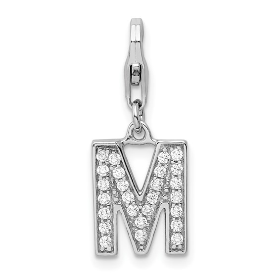 Sterling Silver CZ Block Letter M Charm with Lobster Clasp