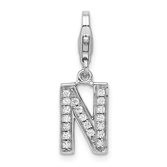 Sterling Silver CZ Letter N with Lobster Clasp Charm