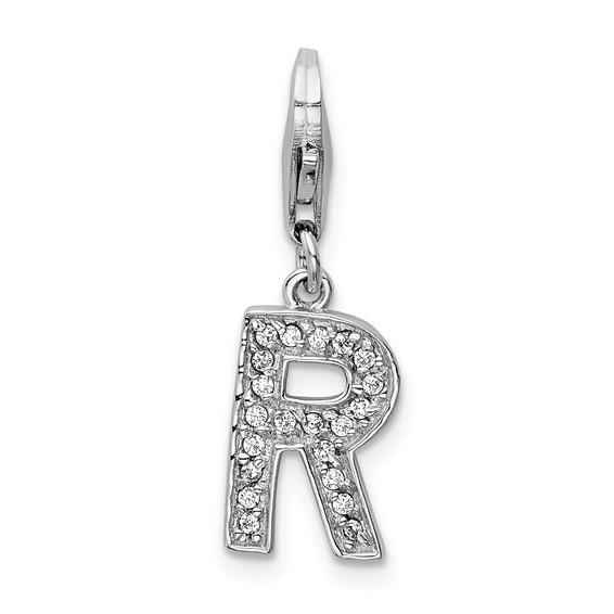 Sterling Silver CZ Block Letter R Charm with Lobster Clasp