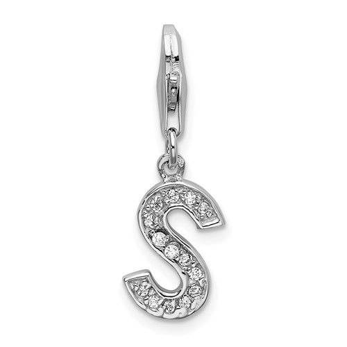 Sterling Silver CZ Block Letter S with Lobster Clasp Charm