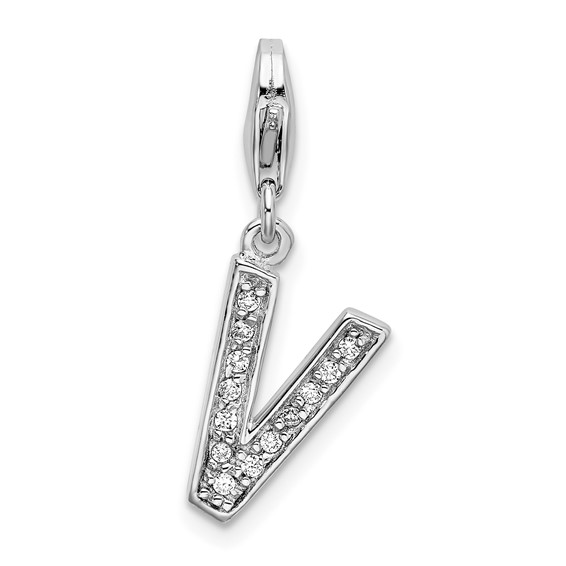 Sterling Silver CZ Letter V Charm with Lobster Clasp QCC105V