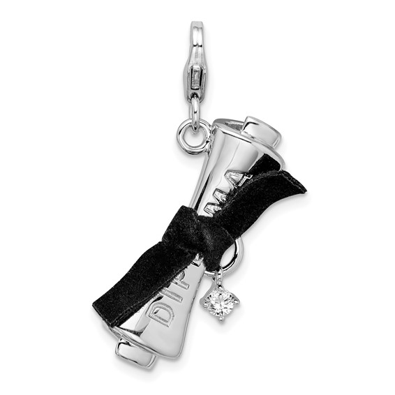 Sterling Silver 3-D CZ Ribboned Diploma Charm