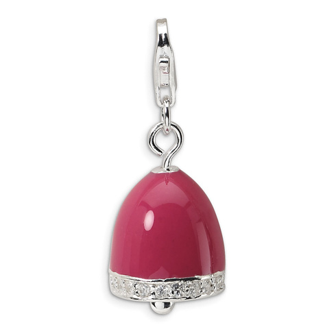 Sterling Silver 3-D Pink Enameled & CZ Bell with Lobster Clasp Charm