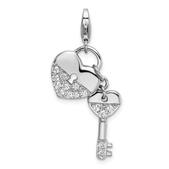 Sterling Silver CZ Key to Her Heart Charm with Lobster Clasp