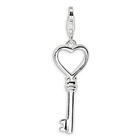 Sterling Silver Polished Open Heart Key Charm with Lobster Clasp