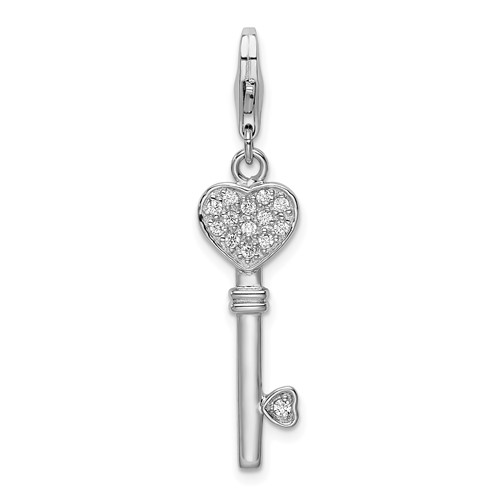 Sterling Silver Heart Top CZ Key Charm with Lobster Clasp