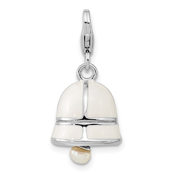 Sterling Silver Cultured Pearl White Enamel Bell Charm