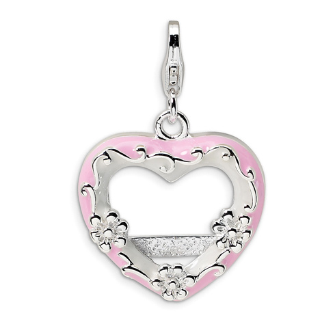 Sterling Silver 2-D Pink Enameled Heart Photo with Lobster Clasp Charm