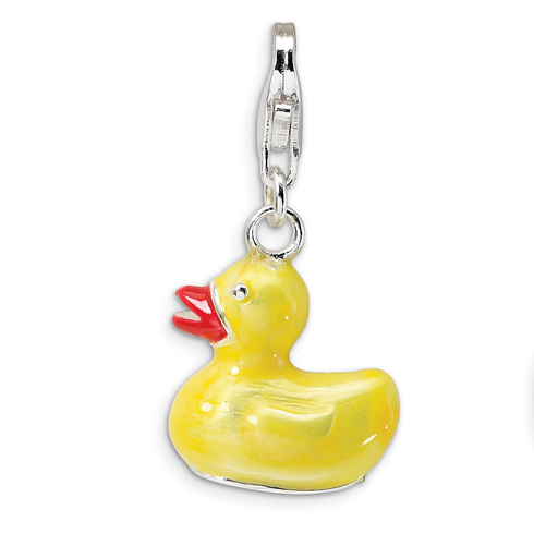 Sterling Silver 3-D Yellow Enamel Duck Charm with Lobster Clasp