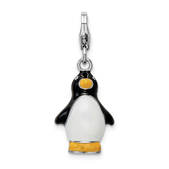 Sterling Silver 3-D Enamel Penguin with Lobster Clasp Charm