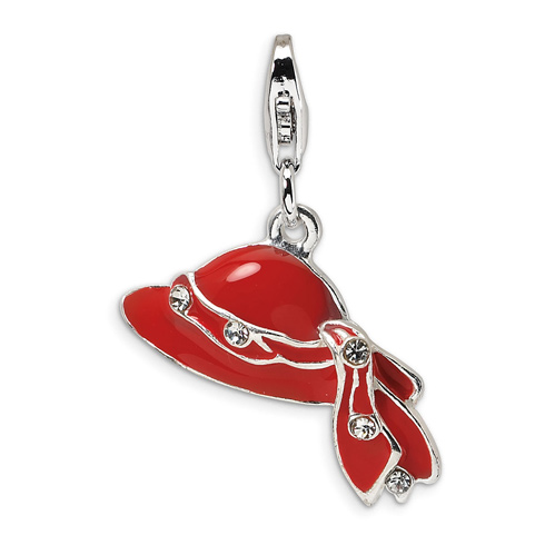 Sterling Silver Red Enameled & CZ Hat with Lobster Clasp Charm