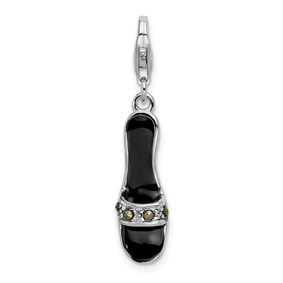 Sterling Silver Black Enamel & Polished Shoe with Lobster Clasp Charm