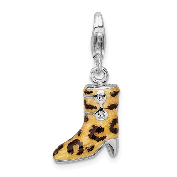 Sterling Silver CZ Enameled Leopard Print Boot Charm