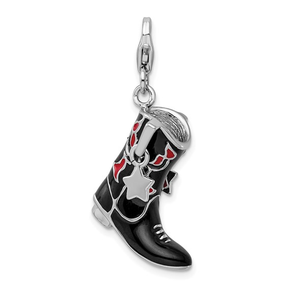 Sterling Silver Black Red Enameled Cowboy Boot Charm