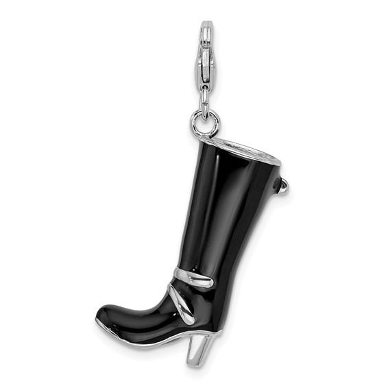 Sterling Silver 3-D Enameled Buckled Black Boot Charm