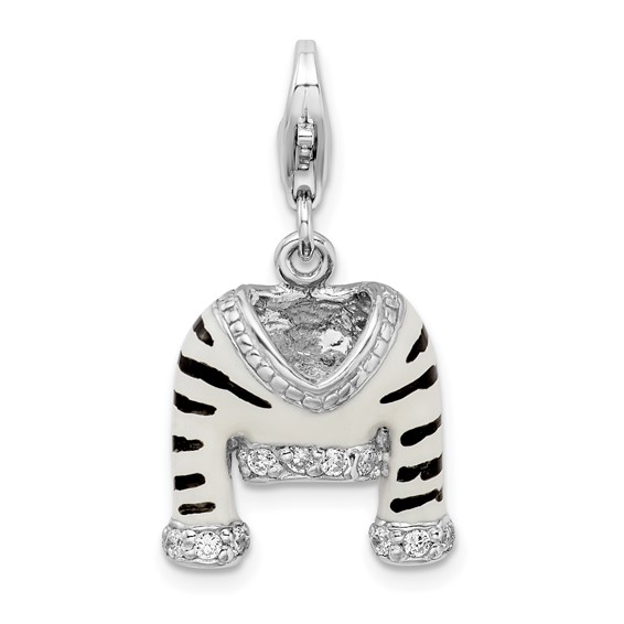 Sterling Silver CZ Polished Enamel Zebra Jacket Charm