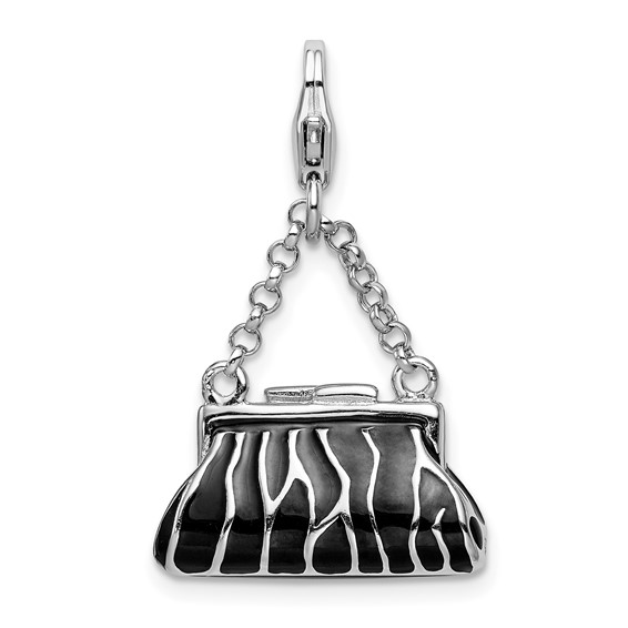 Sterling Silver 3-D Enameled Zebra Hand Bag with Lobster Clasp Charm