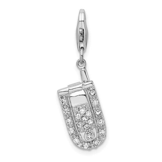 Sterling Silver Flip Cell Phone Charm CZ with Lobster Clasp