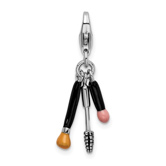 Sterling Silver Enameled Makeup Brushes Charm with Lobster Clasp