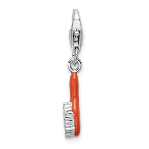 Sterling Silver Orange Enameled Hair Brush with Lobster Clasp Charm