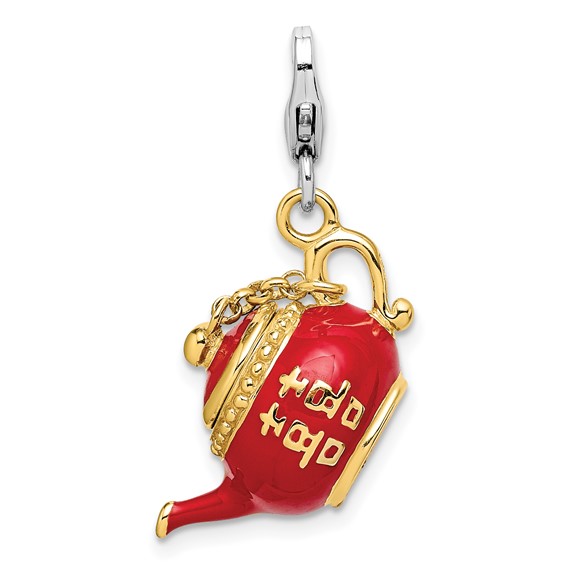 Sterling Silver Gold-plated Red Enameled Tea Pot Charm