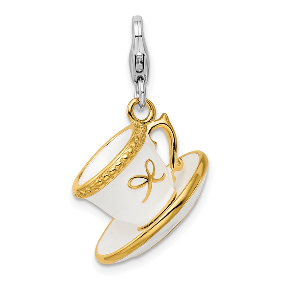 Sterling Silver Gold-plated White Enameled Cup Saucer Charm