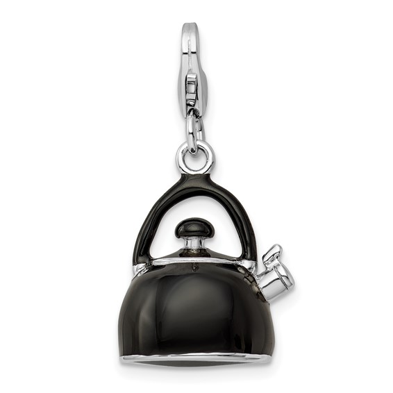 Sterling Silver 3-D Enameled Black Tea Kettle with Lobster Clasp Charm