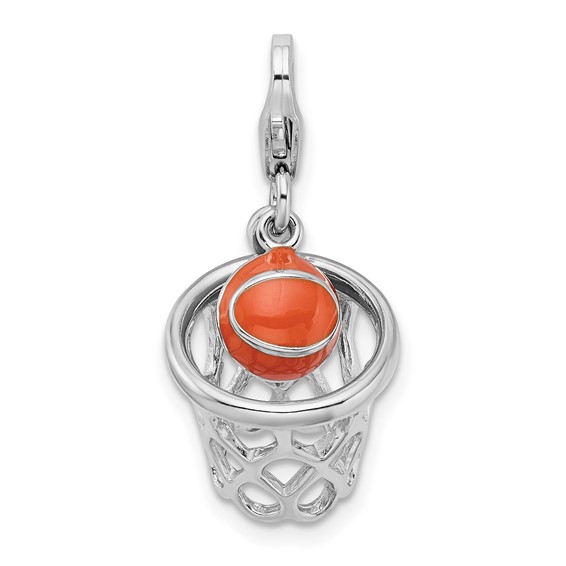 Sterling Silver 3-D Enameled Basketball in Net Charm with Clasp
