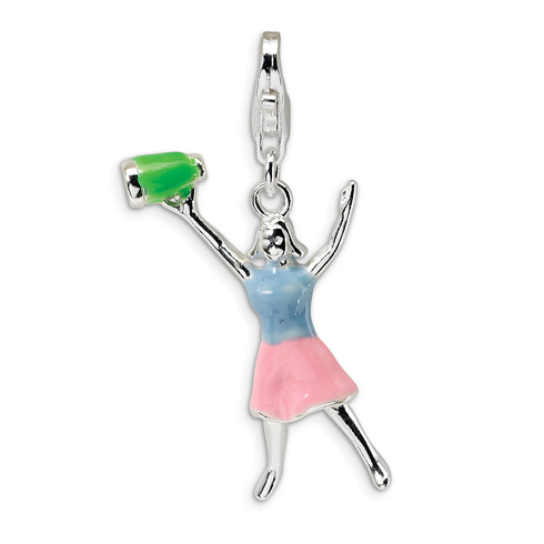 Sterling Silver Enamel Cheerleader with Lobster Clasp Charm