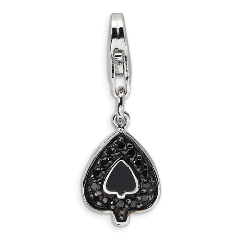 Sterling Silver CZ & Enameled Spade Shaped with Lobster Clasp Charm