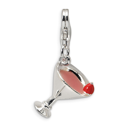 Sterling Silver 3-D Pink Enameled Martini with Lobster Clasp Charm