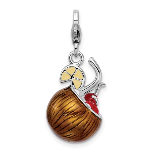 Sterling Silver 3-D Enameled Pina Colada with Lobster Clasp Charm