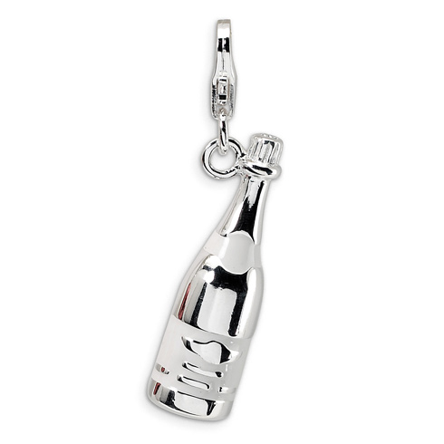 Sterling Silver 3-D Enameled Champagne Bottle with Lobster Clasp Charm