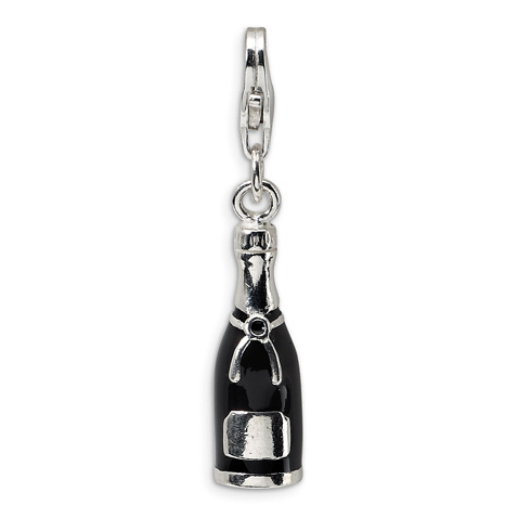 Sterling Silver Black Enameled Champagne Bottle Charm