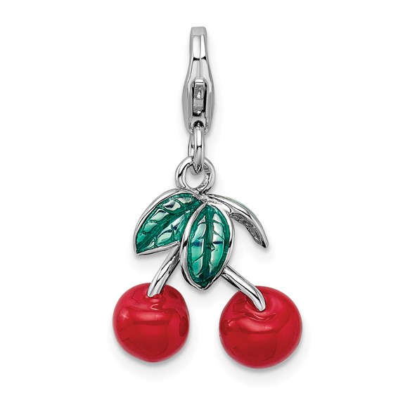 Sterling Silver 3-D Enameled Red Cherries Charm