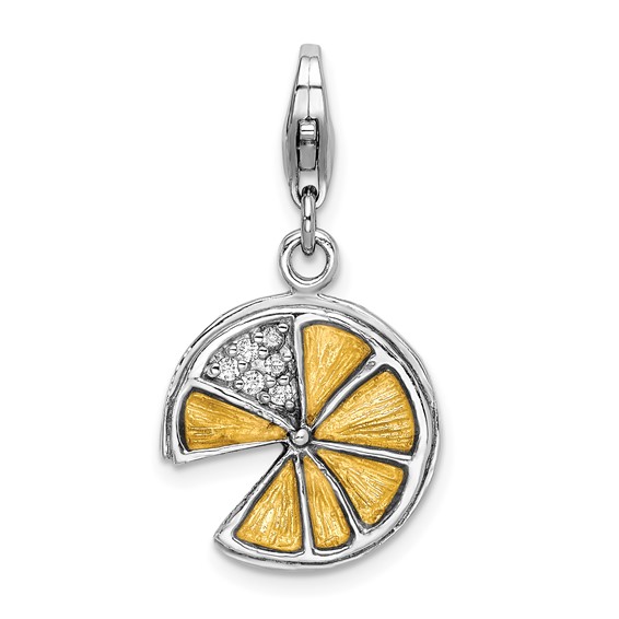 Sterling Silver 3-D Yellow Enamel Lemon Wedge Charm with Clasp