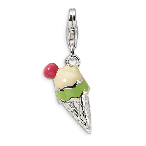 Sterling Silver 3-D Enameled Ice Cream Cone Charm with Lobster Clasp