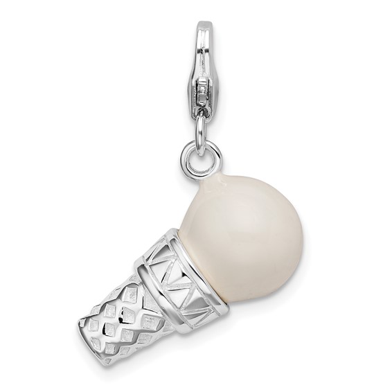 Sterling Silver 3-D Enameled White Ice Cream Cone Charm