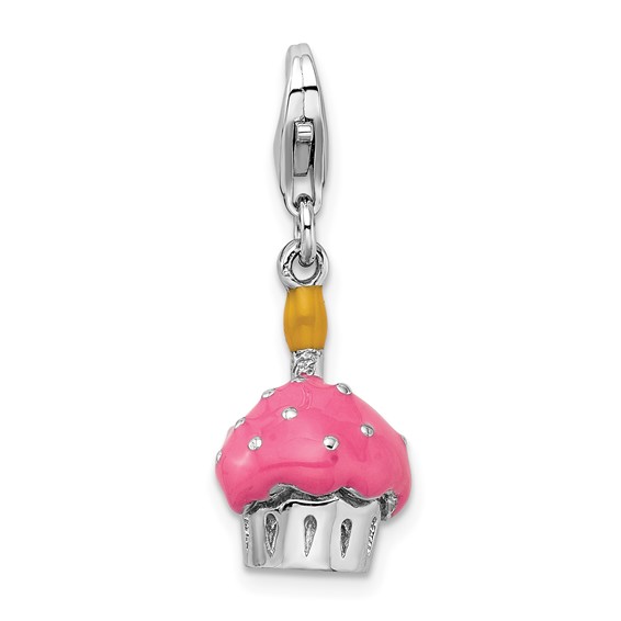 Sterling Silver 3-D Enameled Cupcake and Candle Charm
